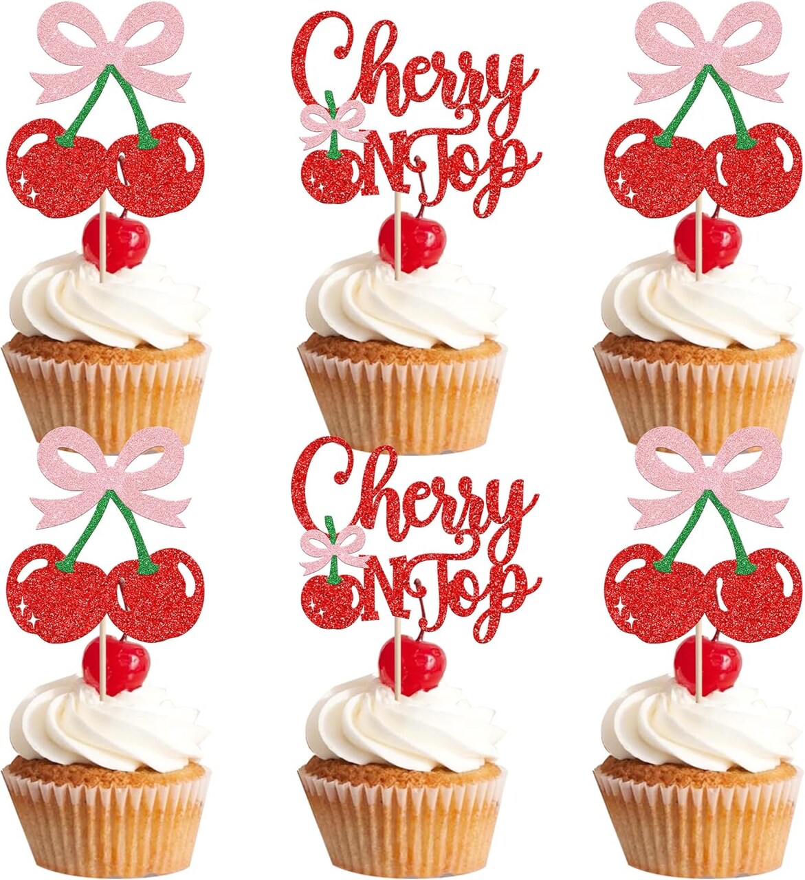 24-Pack “She’s the Cherry On Top” Cupcake Toppers – Glitter Cherry Cupcake Picks for Fruit-Themed Baby Showers, Bridal Showers, Weddings & Birthday Party Decorations